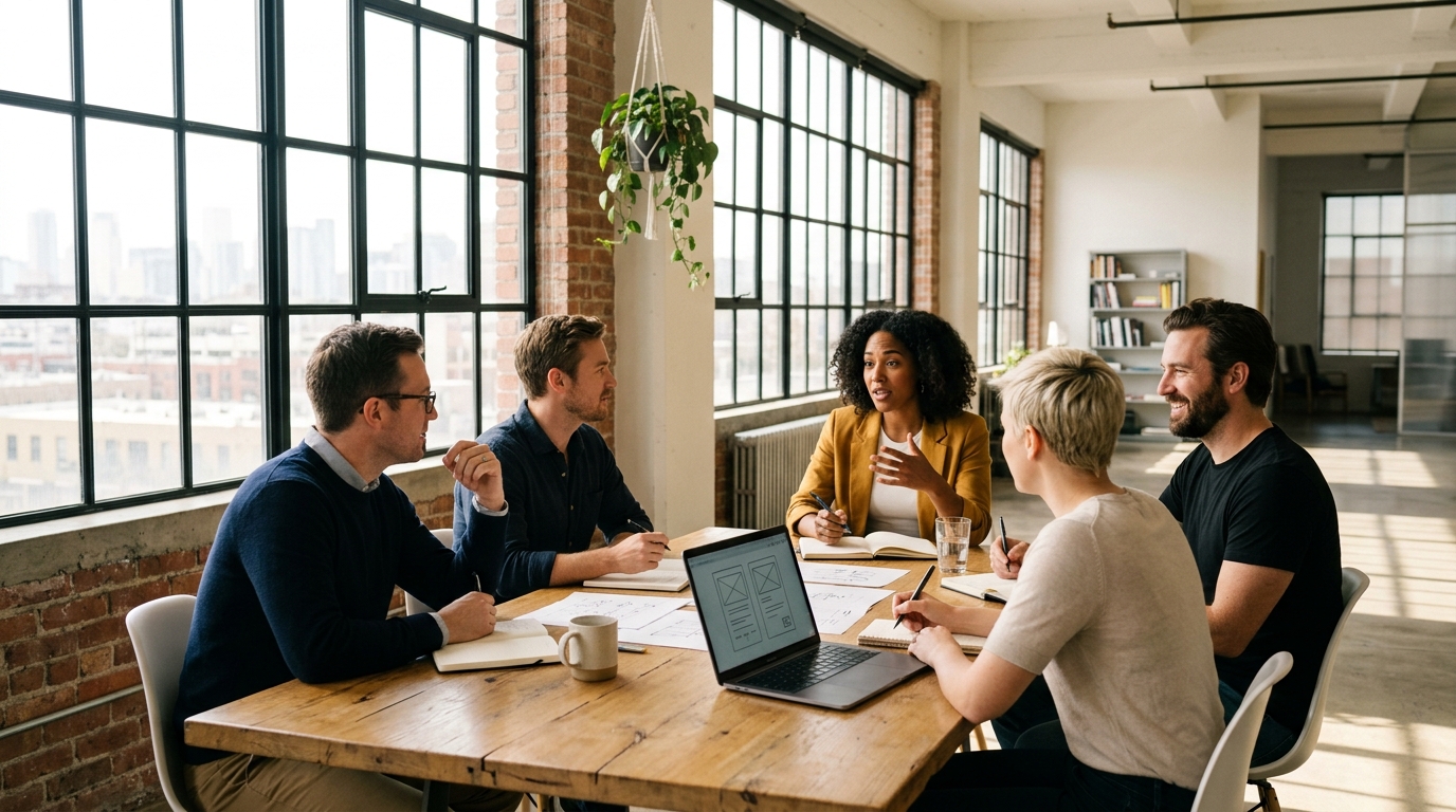 Startup Leadership and Brand Strategists Reviewing Market Positioning Models