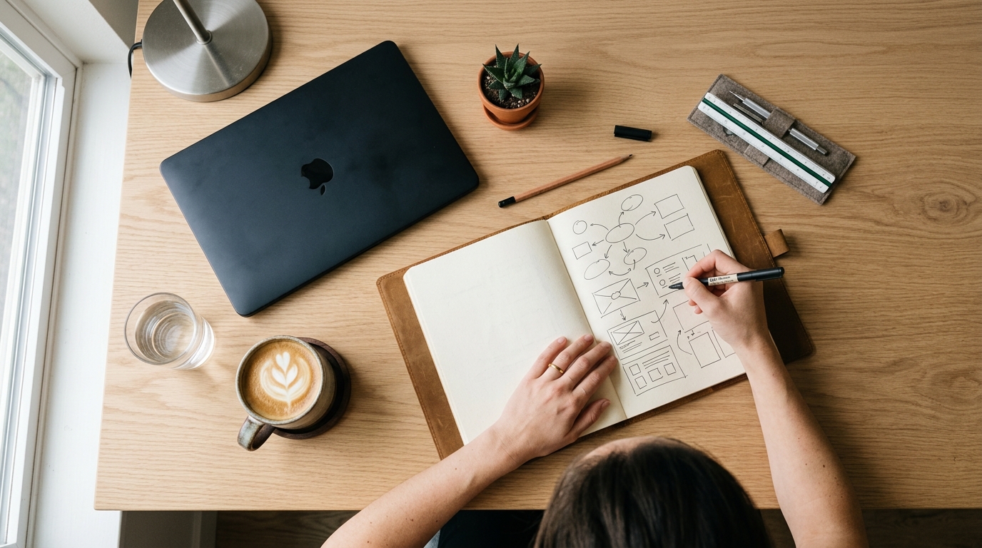 Creative Brand Strategist Sketching Concept Frameworks on Oak Workspace