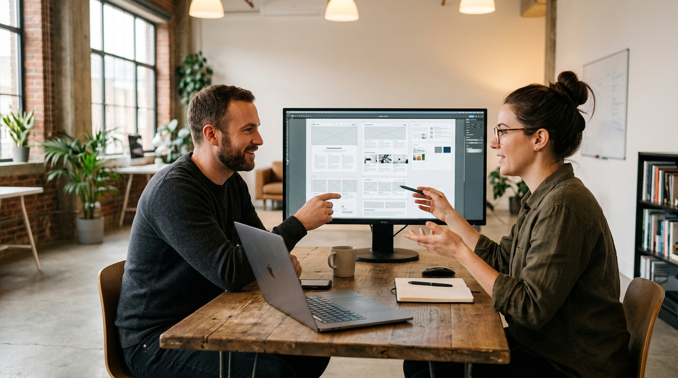 UI/UX Designers and CRO Specialists Reviewing Landing Page Wireframes