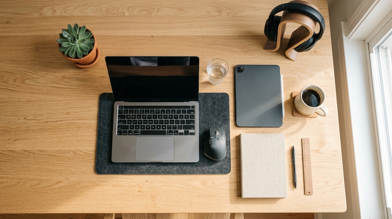 Modern Digital Designer Workspace with Tablets, Laptops, and Conversion Frameworks