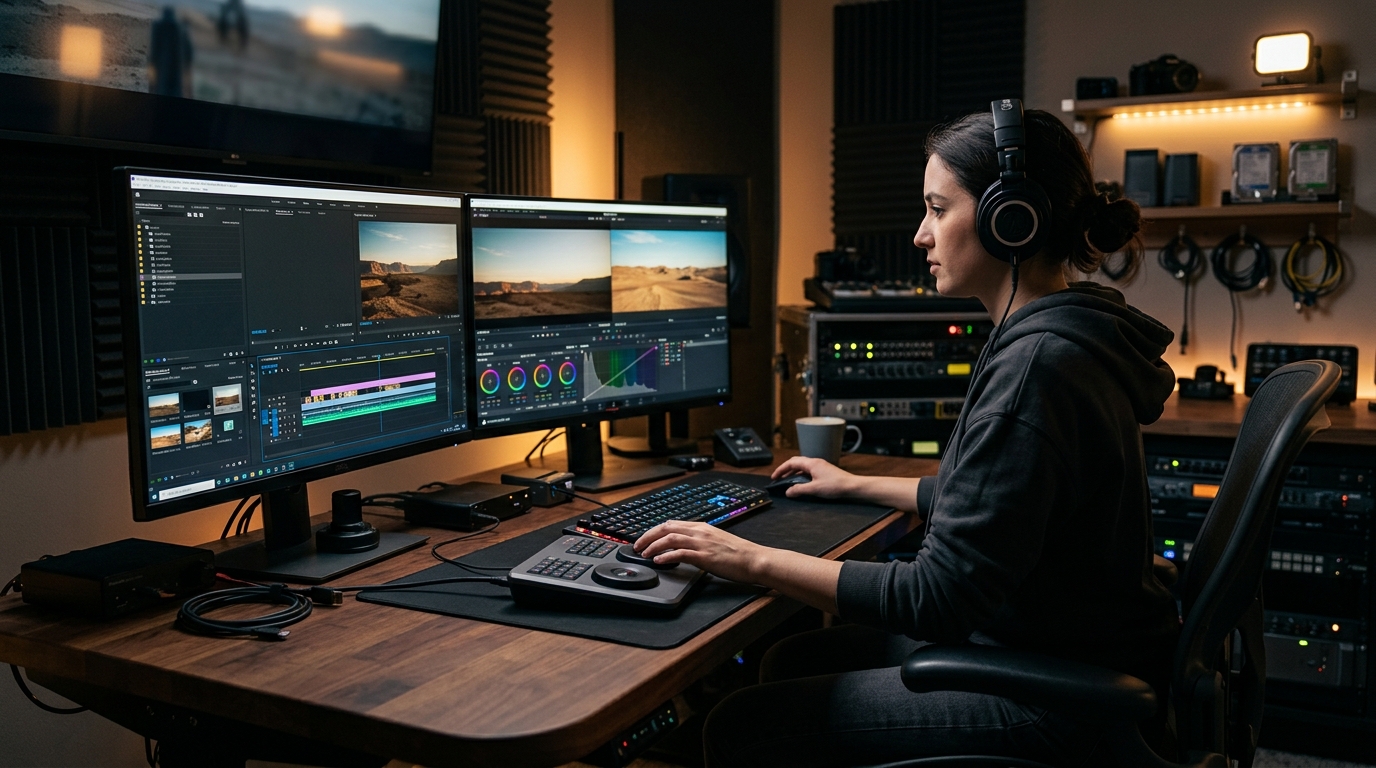 Video Editor Fine-Tuning Short-Form Social Commerce Campaigns on Multi-Monitor Suite